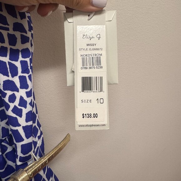 NWT Eliza J Missy Sleeveless Belt Fit+Flare Blue White Midi Dress MSRP $138 Size - Picture 3 of 11